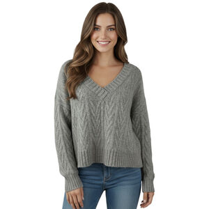 Pink Rose Sweater Womens L Gray V-Neck Cable Knit Cozy Winter Fall Pullover NWT